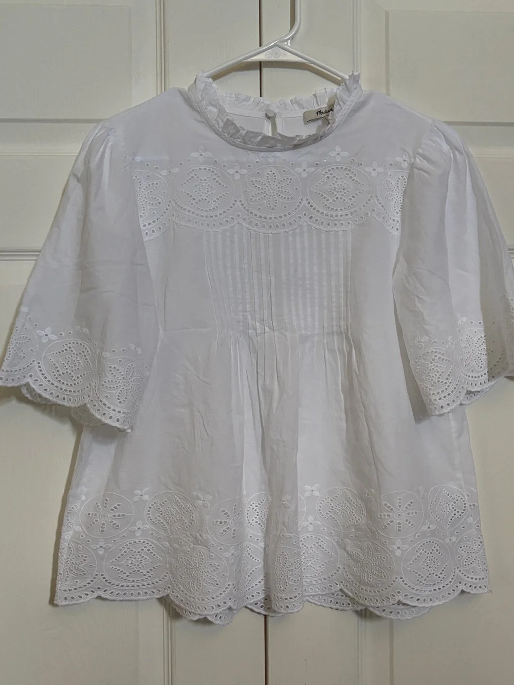 Madewell NWT White Eyelet Embroidered Pintuck Blouse Top Size S MSRP $110